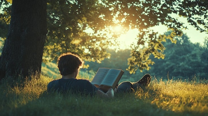 A person studying the Bible in a peaceful setting.